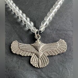 Up-cycled Vintage Clear Quartz Gemstone Beaded Necklace with Bird Pendant